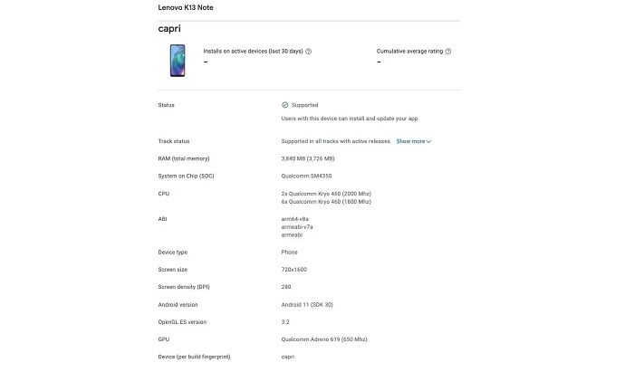 Smartphone Lenovo K13 Note di Google Play Console.