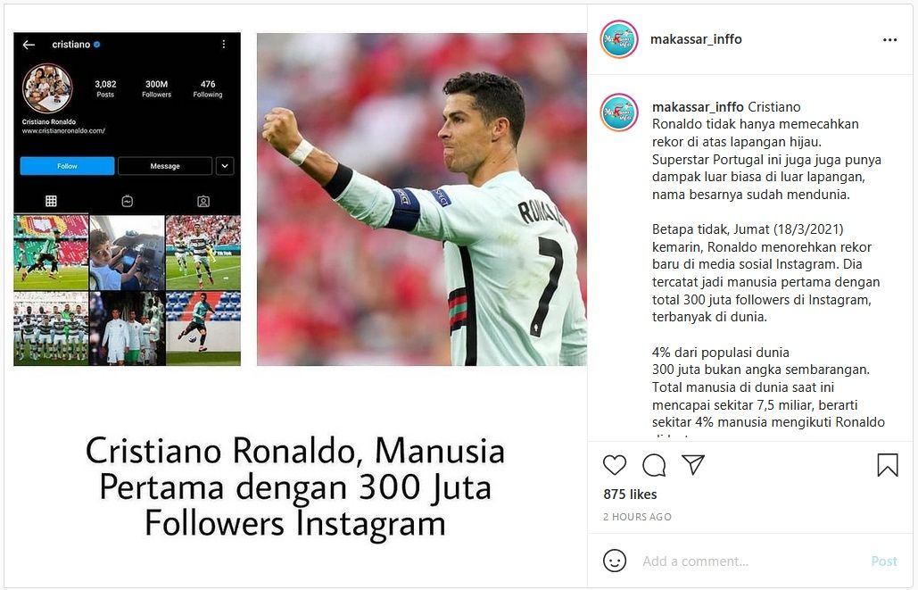 Cristiano Ronaldo Raih 300 Juta Follower, Terbanyak Dari Atlet dan Selebritis Dunia