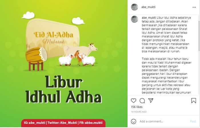 Abdul Mu'ti menegaskan jika Idul Adhan pada 20 Juli 2021 harus tetap ada, meski hari libur  Tahun Baru Islam dan Maulid Nabi digeser.*