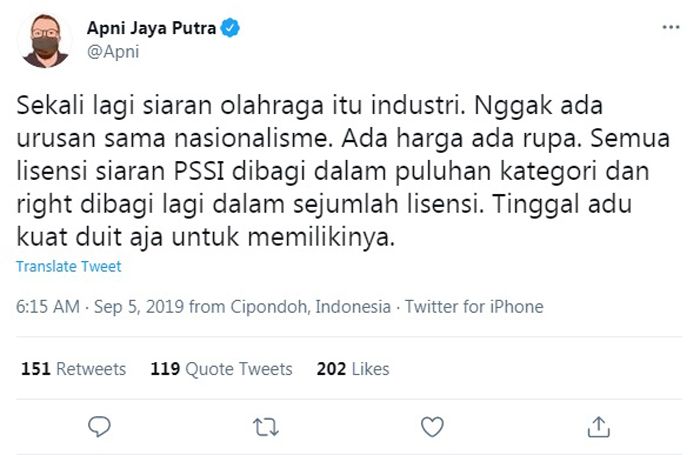 Pernyataan Apni Jaya Putra tentang Industri Siaran Olahraga