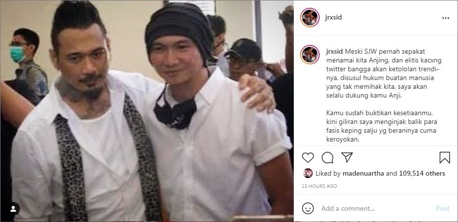 Jerinx menyatakan dukungannya kepada Anji melalui postingan Instagram-nya, Jumat, 18 Juni 2021.