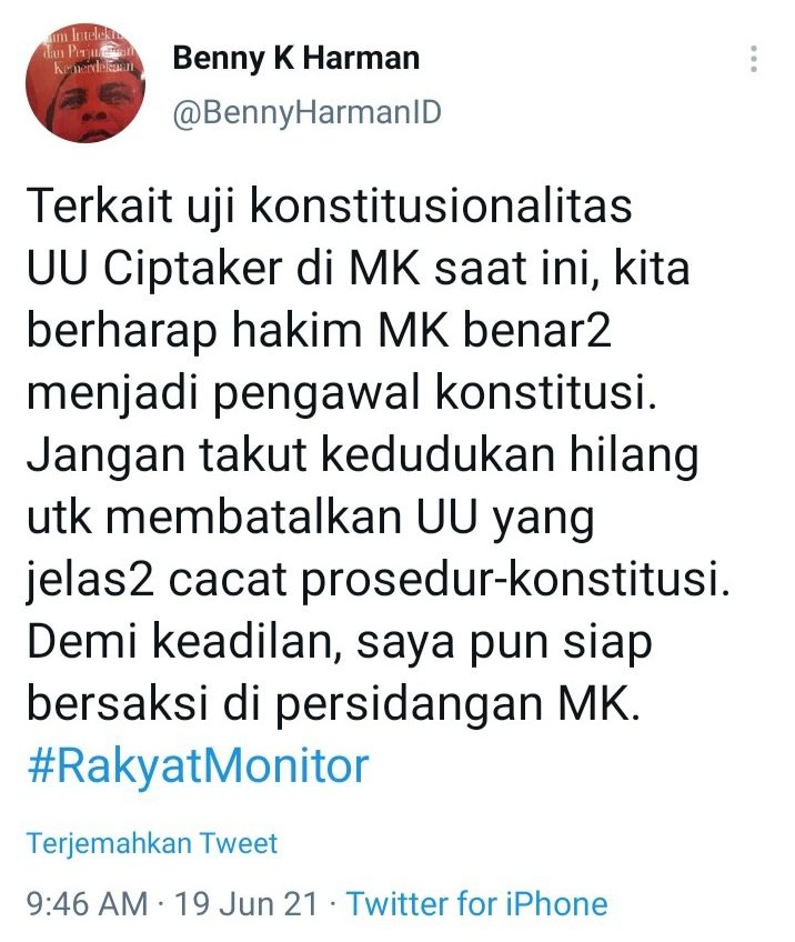 Tangkap layar akun Twitter Politisi Partai Demokrat, Benny K Harman yang menyoroti proses uji konstitusionalitas UU Ciptaker di MK. Ia menulis bahwa dirinya siap bersaksi di MK.