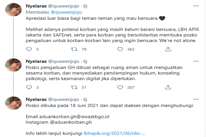 LBH APIK Jakarta membuka posko layanan pengaduan bagi para korban pelecehan seksual Gofar Hilman pada Jumat, 18 Juni 2021.*