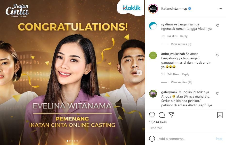 Tangkap layar potret pemenang audisi Ikatan Cinta Online Casting serta tanggapan komentar dari netizen
