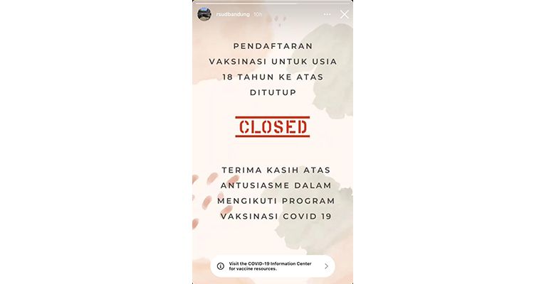 RSUD Kota Bandung menutup pendaftaran vaksinasi bagi warga Kota Bandung