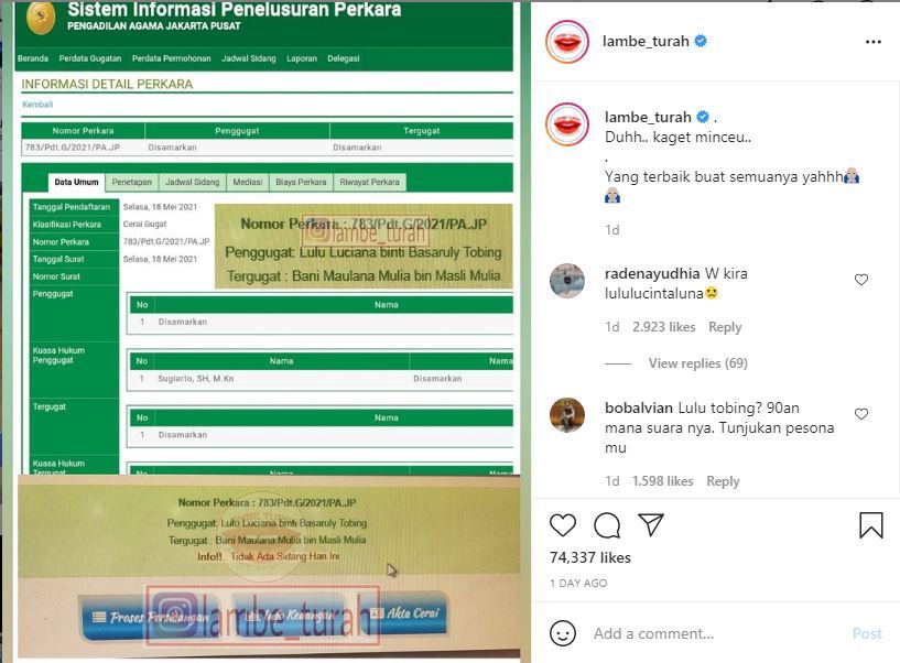 Tangkap layar bukti gugat cerai Lulu Tobing pada Sistem Informasi Penelusuran Perkara Pengadilan Agama Jakarta Pusat/instagram/@lambe_turah