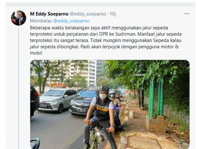 Tangkapan layar cuitan Eddy Soeparno terkait rencana pembongkaran jalur sepeda Sudirman-Thamrin.