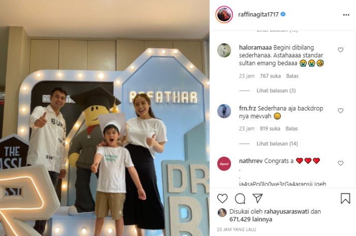 Unggahan Instagram Nagita Slavina dan Raffi Ahmad saat rayakan kelulusan TK Rafathar.