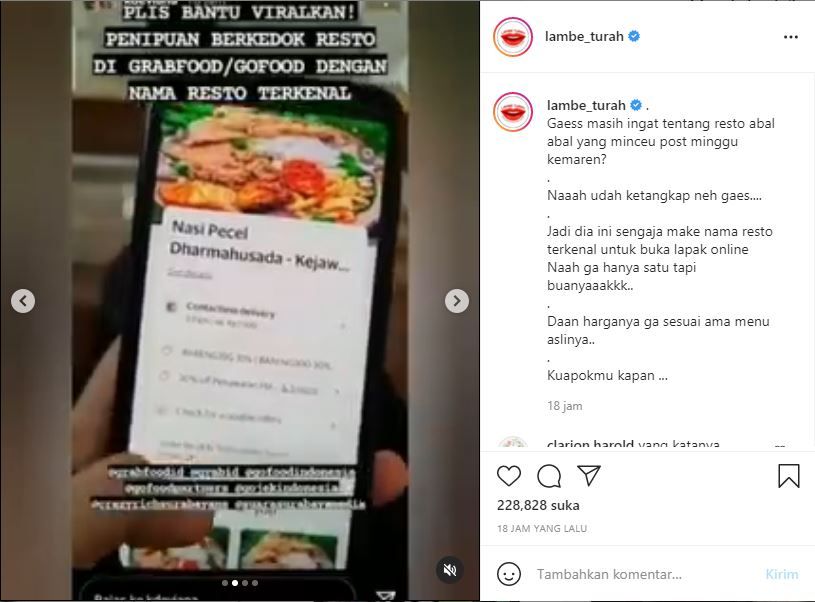 Tangkap layar bukti video viral restoran abal-abal di aplikasi ojek online dengan menggunakan nama restoran terkenal di Surabaya/