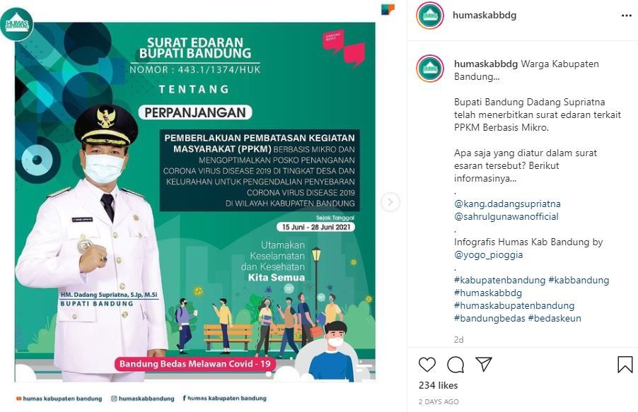 Unggahan Humas Kabupaten Bandung terkait pembatasan Covid-19.