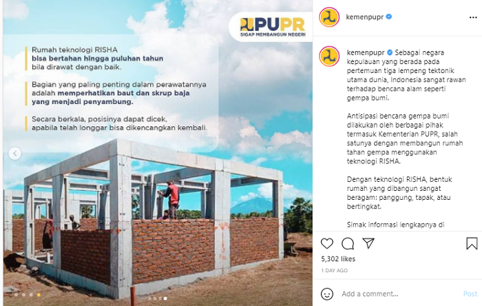 Kementerian PUPR membuat rumah tahan gempa dengan teknologi bernama Rumah Instan Sederhana Sehat (RISHA).*