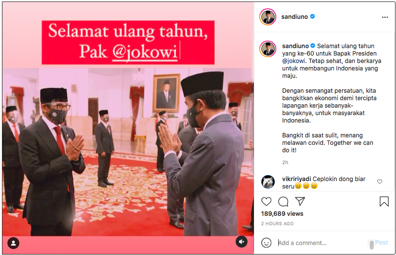 Postingan ucapan selamat dari Sandiaga Uno untuk Presiden Jokowi.*