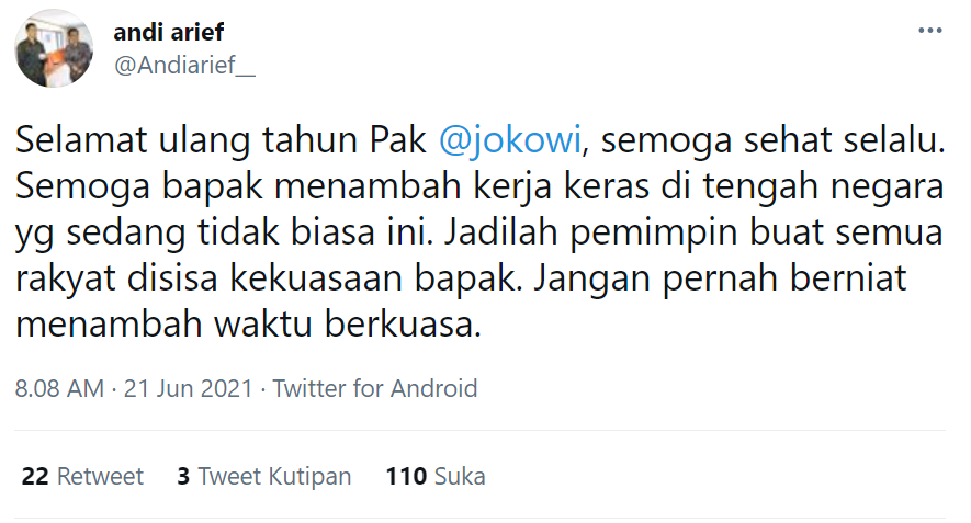 Cuitan politikus Demokrat untuk Jokowi yang sedang ulang tahun ke-60.