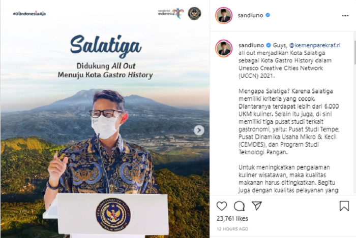Menteri Pariwisata dan Ekonomi Kreatif, Sandiaga Uno memberikan dukungan penuh kepada Kota Salatiga sebagai Kota History.*