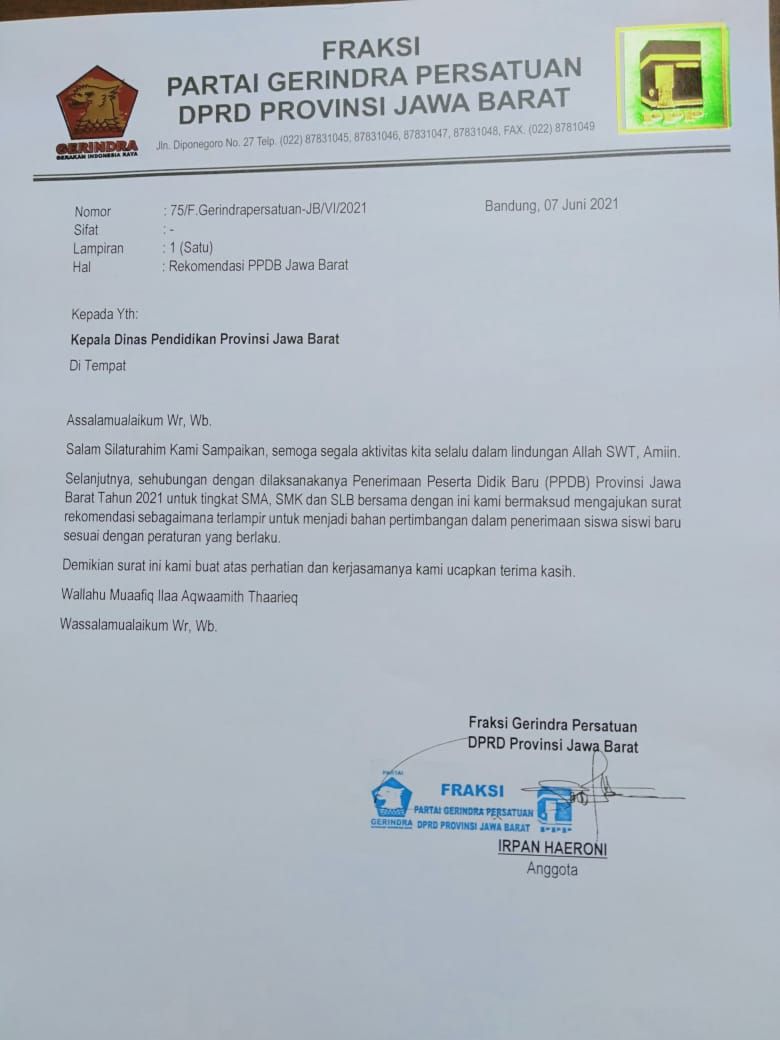 Beredar surat rekomendasi PPDB Berkop Fraksi Gerindra diduga berisi minta kursi ke Kepala Dinas Pendidikan Jawa Barat.*