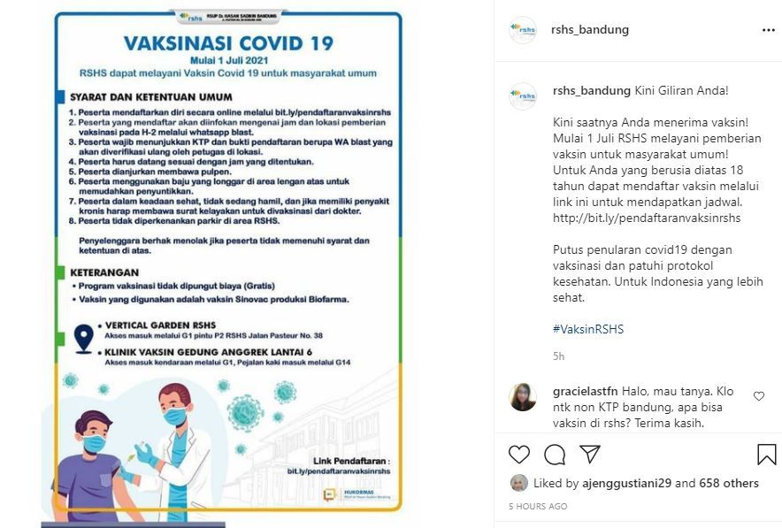 Rumah Sakit Hasan Sadikin (RSHS) Bandung membuka vaksinasi Covid-19 untuk masyarakat berusia 18 tahun ke atas pada 1 Juli 2021.*