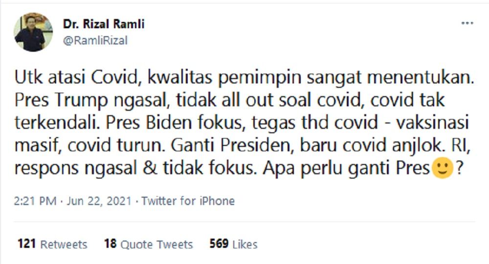 Rizal Ramli Serukan Ganti Presiden Jokowi yang Dianggap Gagal Tangani Covid-19