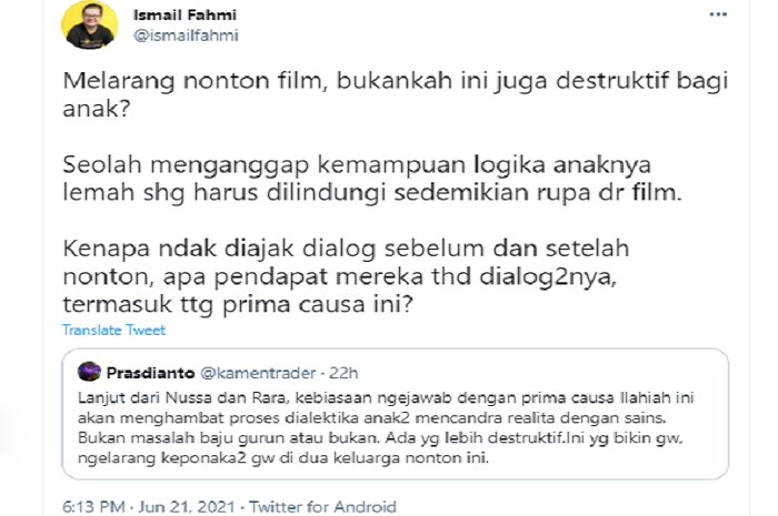 Tangkapan layar cuitan Ismail Fahmi terkait respons film animasi Nussa Rara.