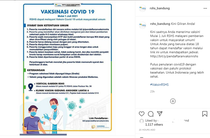 Tangkap layar unggahan terkait pendaftaran vaksinasi Covid-19 di RSHS Bandung./Instagram @rshs_bandung