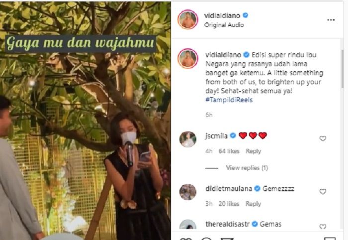 Vidi Aldiano mengungkapkan kerinduanya kepada Sheila Dara Aisha dengan mengunggah video ketika mereka bernyanyi.*