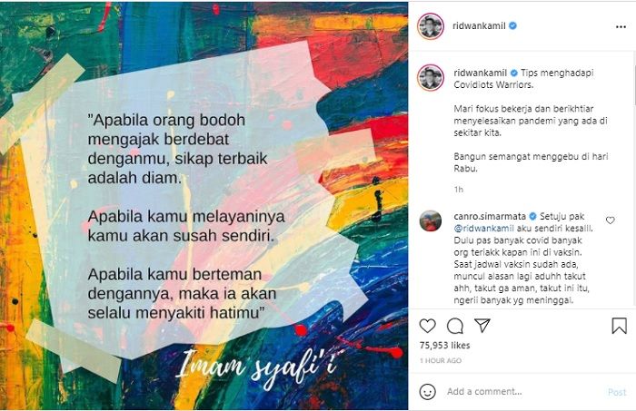 Gubernur Jawa Barat Ridwan Kamil mengutip pernyataan Imam Syafi'i sebagai tips menghadapi Covidiots Warriors.*