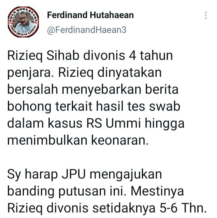 Tangkap layar Twitter @FerdinandHaean3 terkait vonis 4 tahun penjara terhadap Rizieq Shihab.