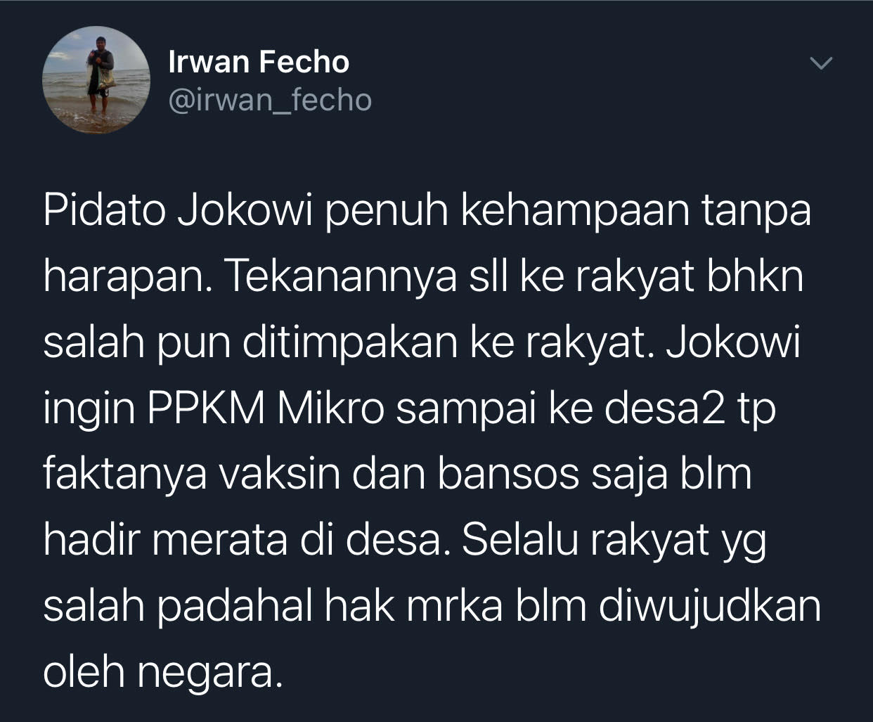 Politisi Demokrat, Irwan Fecho menilai pidato Presiden Jokowi soal lonjakan kasus Covid-19 terlihat hampa dan tanpa harapan.