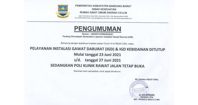 Pengumuman IGD RSUD Cililin, Kabupaten Bandung Barat, ditutup sementara