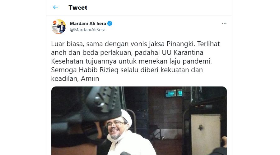 Habib Rizieq Shihab (HRS) hari ini  divonis 4 tahun penjara oleh hakim Pengadilan Negeri Jakarta Timur atas kasus hasil swab palsu di Rumah Sakit UMMI Bogor,  Kamis 24 Juni 2021.