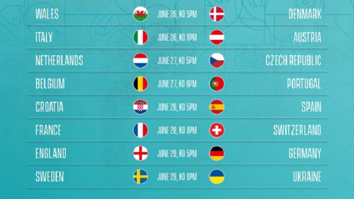 Jadwal pertandingan 16 besar Euro 2020. Ada sebanyak 16 tim yang berhasil lolos dan berhak berlaga di babak 16 besar Euro 2020.