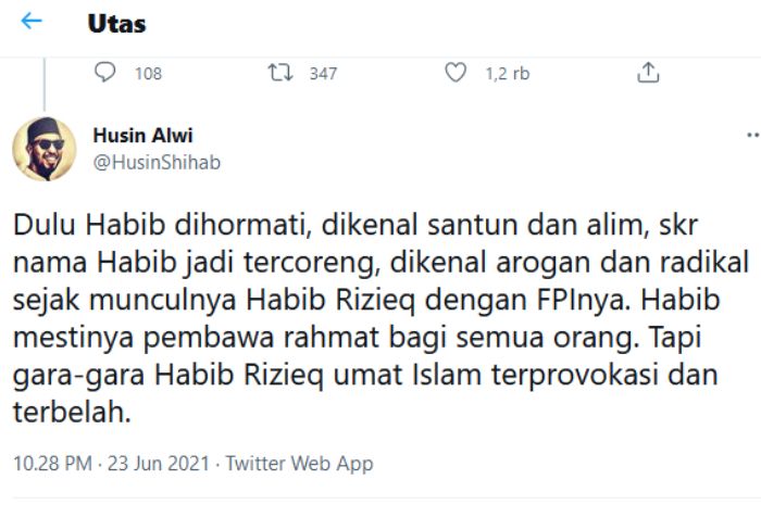 Husin Shihab menyebut jika Habib Rizieq Shihab telah mencoreng nama 'Habib' di Indonedia karena kerap memprovokasi.*