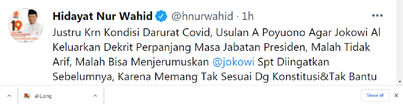 Arief Poyuono Usulkan Jokowi jabat 3 periode, Hidayat Nur Wahid: Bisa Menjerumuskan dan Tak Bantu Atasi Covid