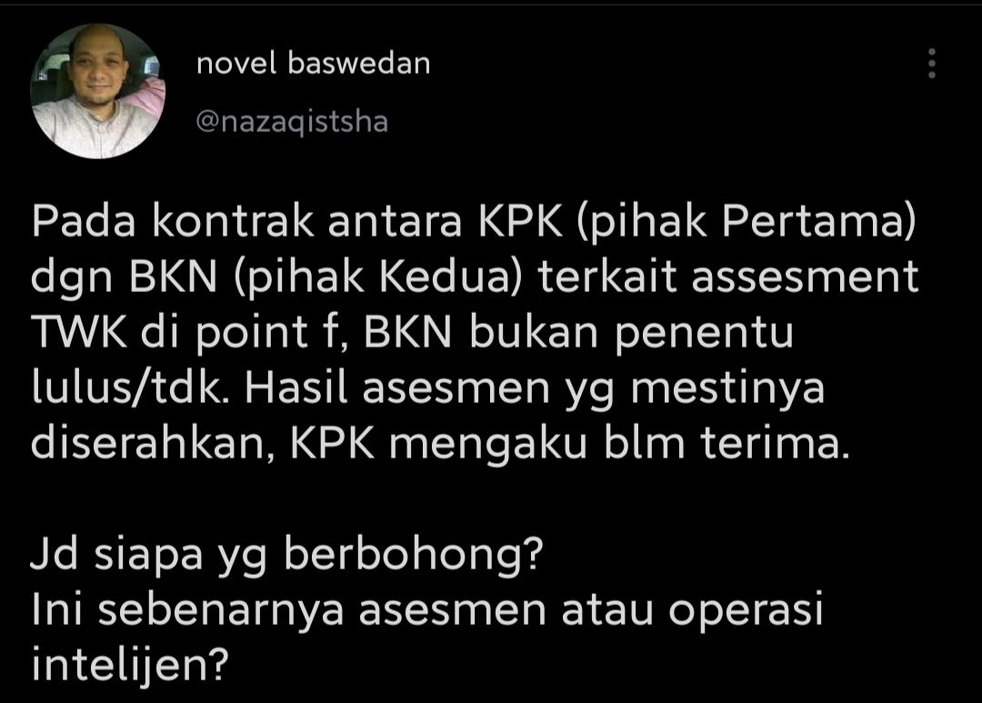 Cuitan Novel Baswedan soal hasil asesmen TWK pegawai KPK.