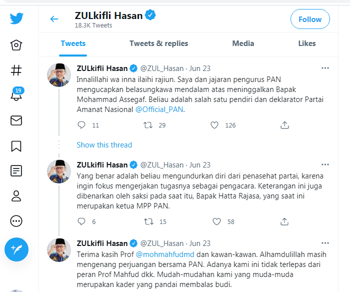 Ketua Umum PAN Zulkifli Hasan Berduka atas Meninggalnya Salah Satu Pendiri dan Deklarator PAN Mohammad Assegaf