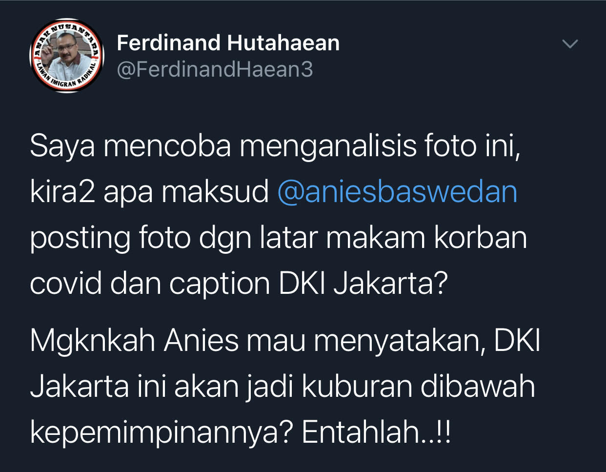 Ferdinand Hutahaean akui coba menganalisa foto yang diunggah Gubernur DKI Jakarta, Anies Baswedan saat berada di satu pemakaman.