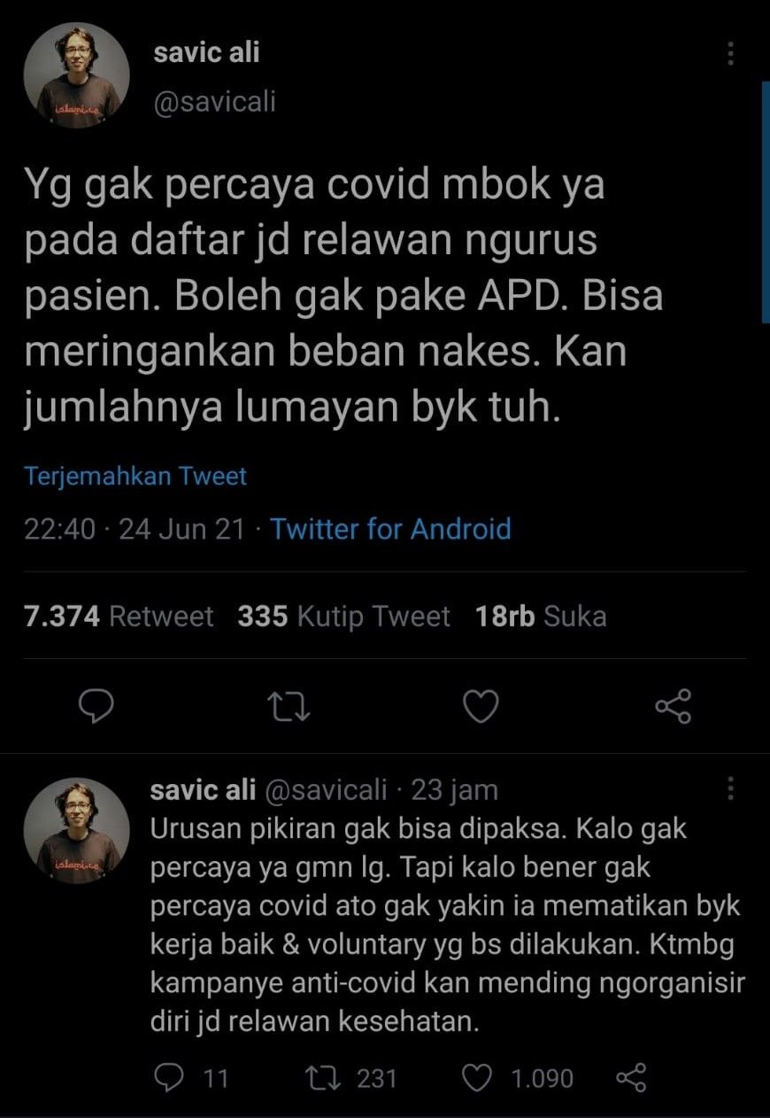 Komentar Savic Ali di akun Twitter miliknya.