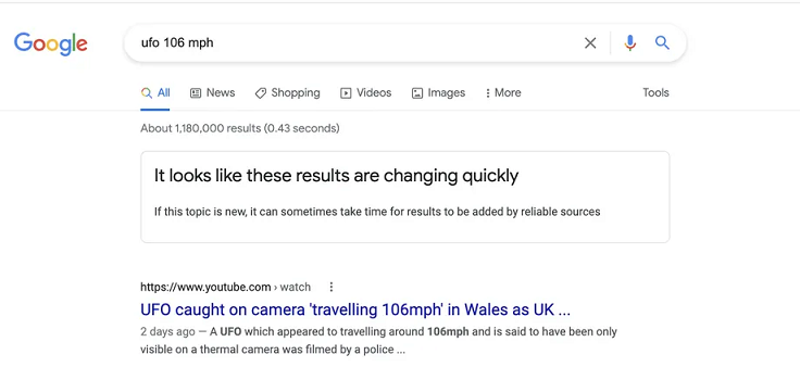 Contoh peringatan Google untuk pencarian yang kurang dapat diandalkan.