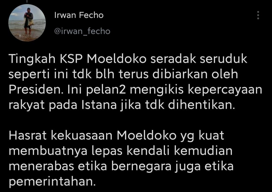 Cuitan Irwan Fecho yang merespons langkah KSP Moeldoko lakukan gugatan atas keputusan Kemenkum HAM atas KLB Partai Demokrat.