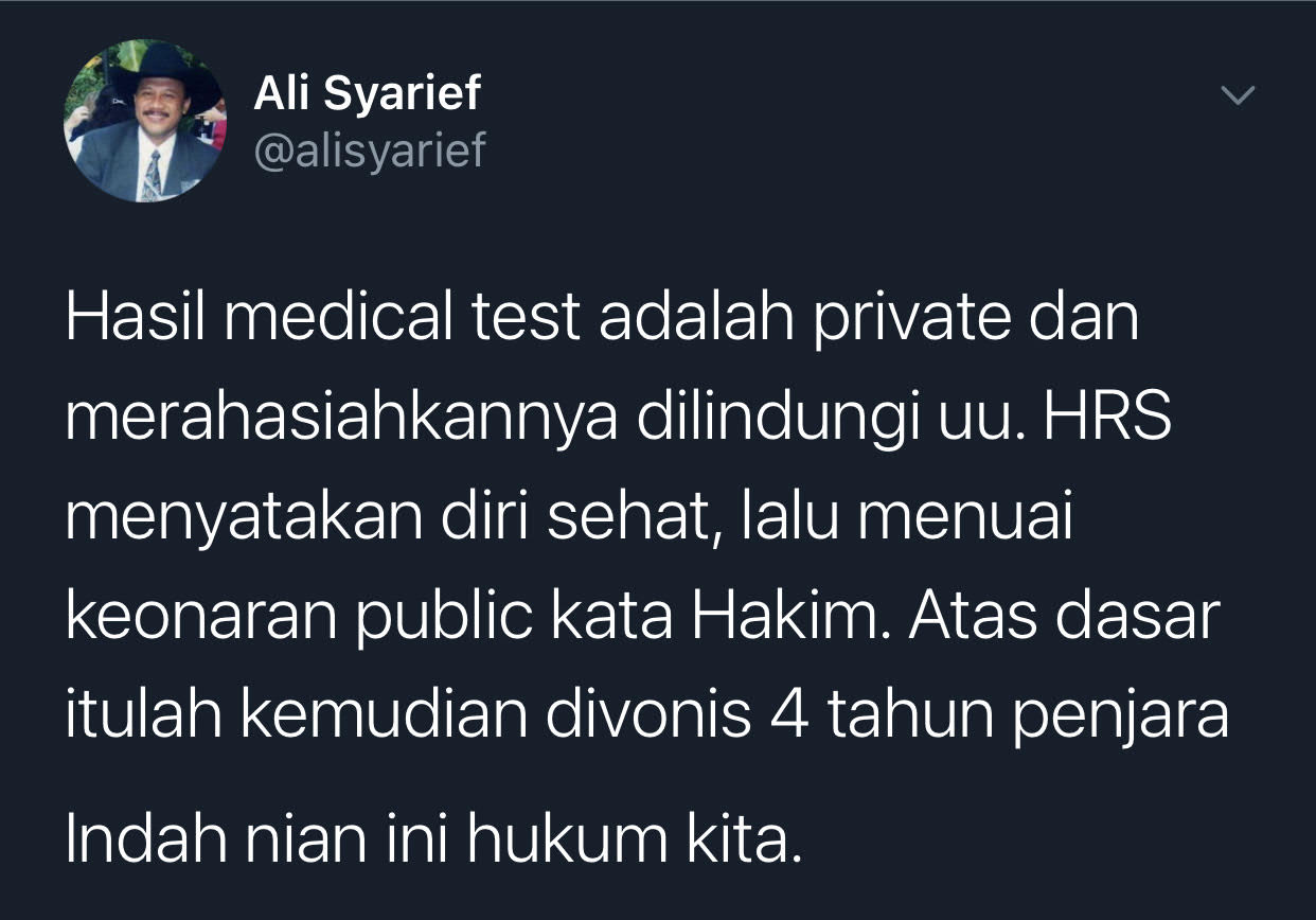 Ali Syarief berpendapat terlalu indah hukum di RI setelah Habib Rizieq divonis empat tahun penjara atas kasus tes usap di RS Ummi Bogor.