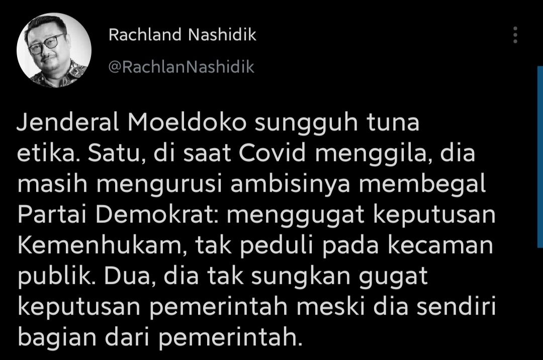 Rachland Nashidik merasa heran kepada KSP Moeldoko yang justru menggugat keputusan Kemenkumham HAM terkait KLB Partai Demokrat.
