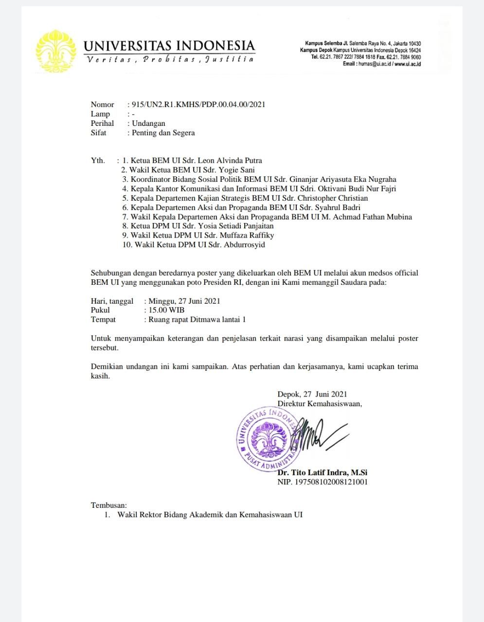 Surat Pemanggilan UI terkait postingan berisikan poster Presiden Joko Widodo yang dikeluarkan oleh BEM UI melalui instagram @official BEM UI