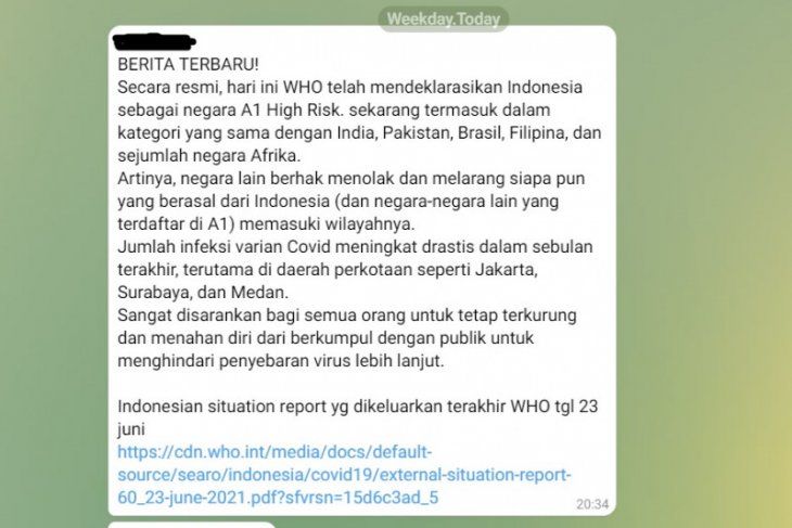 tangkapan layar pesan berantai, mengklaim bahwa WHO menetapkan Indonesia kategori A1 resiko tinggi penularan Covid-19