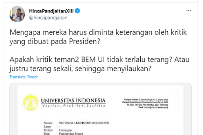 Unggahan Politisi Demokrat Hinca Pandjaitan soal pemanggilan Rektorat kepada BEM UI terkait poster Lip Service Jokowi.