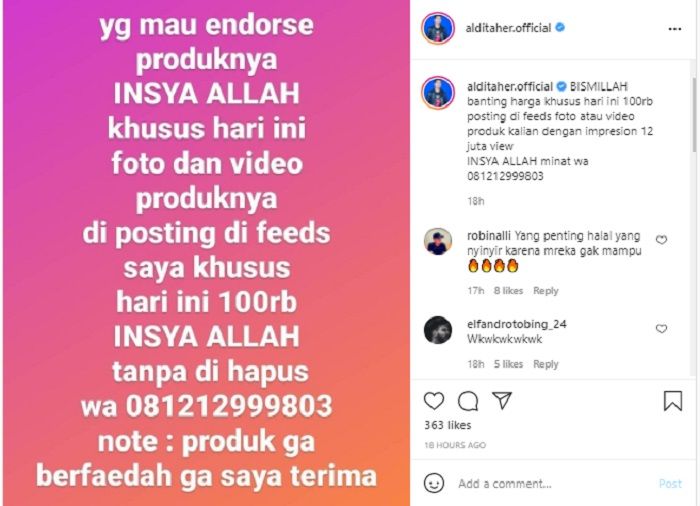Aldi Taher memberikan diskon endorse khusus usai pamer impresi akun Instagram bercentang birunya meningkat.*