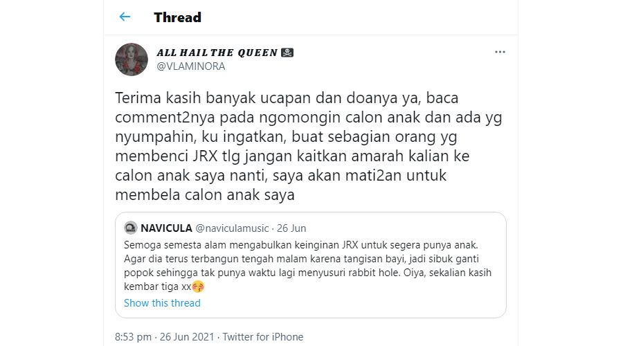 Dalam tweetnya di Twitter, Nora Alexandra meminta orang-orang yang membenci Jerinx untuk tidak mengasosiasikan kemarahan dengan anaknya yang belum lahir.