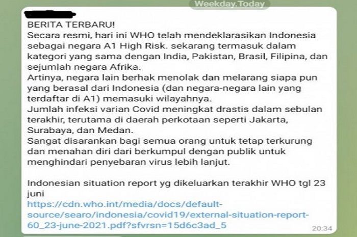 Hoaks WHO tetapkan status Indonesia A1 high risk Covid-19.