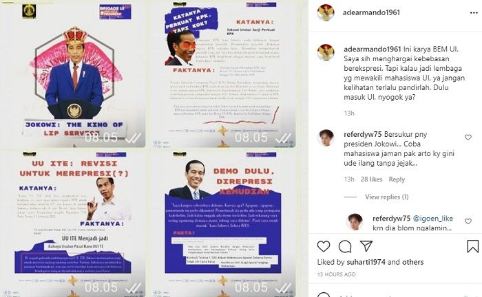 Unggahan Ade Armando yang bertanya "dulu masuk UI, nyogok ya?" kepada mahasiswa pengurus BEM UI yang menyebut Jokowi The King of Lip Service.