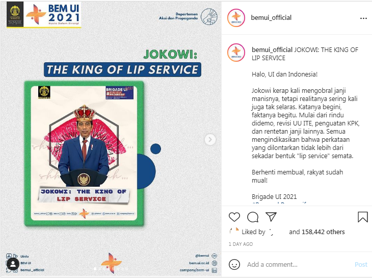 Tangkap layar Instagram BEM UI yang mengkritik Jokowi.
