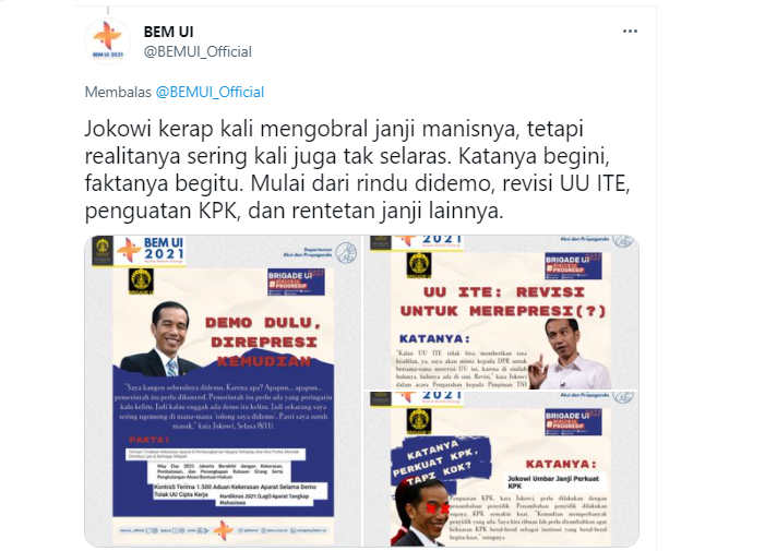 Cuitan BEM UI yang mengkritik Jokowi.