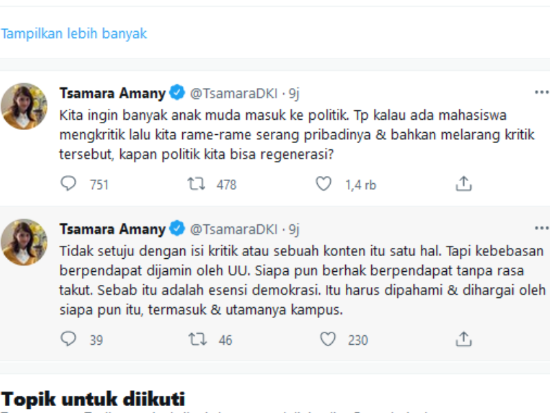 Tangkapan layar cuitan Tsamara Amany soal BEM UI dan Jokowi.
